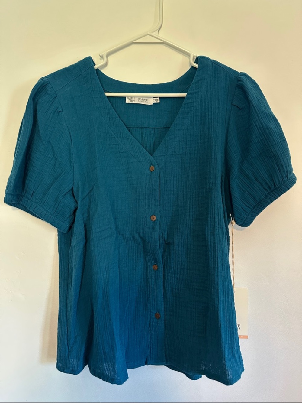 Carve Designs Teal Button-Front V-Neck Puff Sleeve Blouse